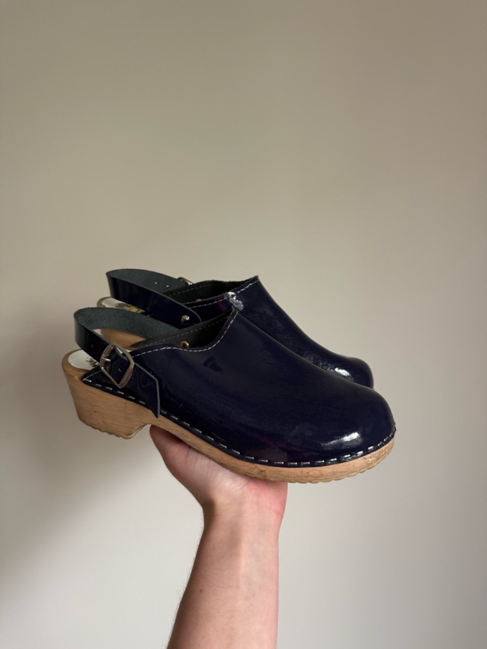 Patent navy blue Leather Clog Heels with Slingback Strap